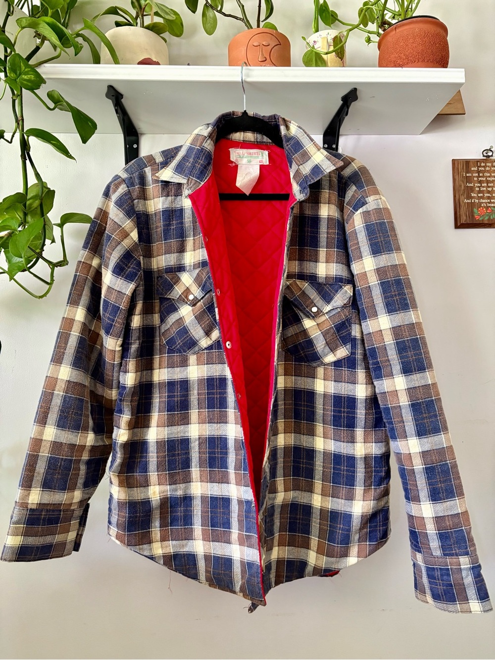 Quilt-Lined Plaid Snap Front Jacket with Red Lining